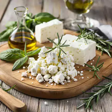 Authentic feta cheese with tangy flavor brined in salt water using VillageCheese traditional Mediterranean preparation methods