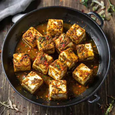 Traditional Gujarati spiced cheese with local spices cumin coriander and red chili from VillageCheese artisan workshop