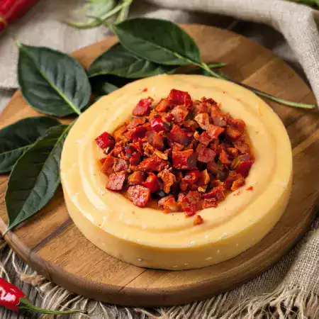 Spicy chili cheese with medium heat level infused with fresh green and red chilies from VillageCheese workshop