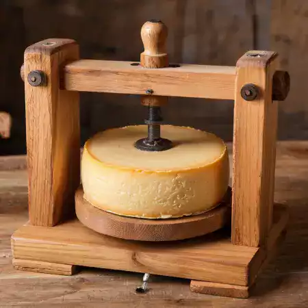 Traditional cheese making equipment and tools used in VillageCheese artisan workshop including wooden presses and clay pots