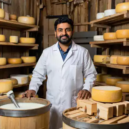 Master cheesemaker Arvind Patel with forty years experience working at VillageCheese traditional artisan workshop in Anand Gujarat