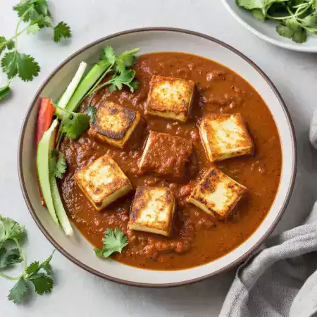Traditional North Indian paneer makhani curry made with VillageCheese fresh paneer in rich creamy tomato gravy
