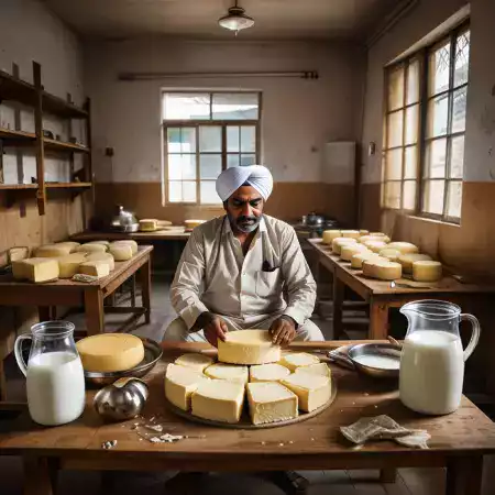 Master cheesemaker Arvind Patel working in VillageCheese workshop with traditional Gujarati cheese making techniques and equipment
